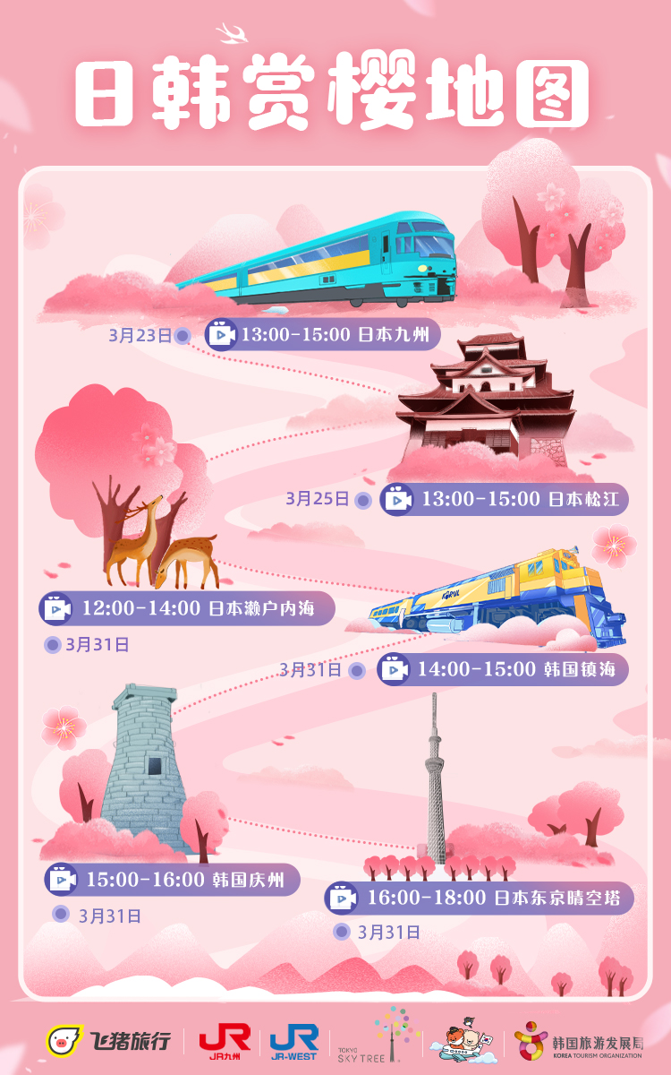 飛豬在日本的九州、松江、瀨戶內海和東京晴空塔直播櫻花盛景，而在韓國，則會帶用戶前往鎮海和慶州，欣賞經典韓劇的櫻花取景點。