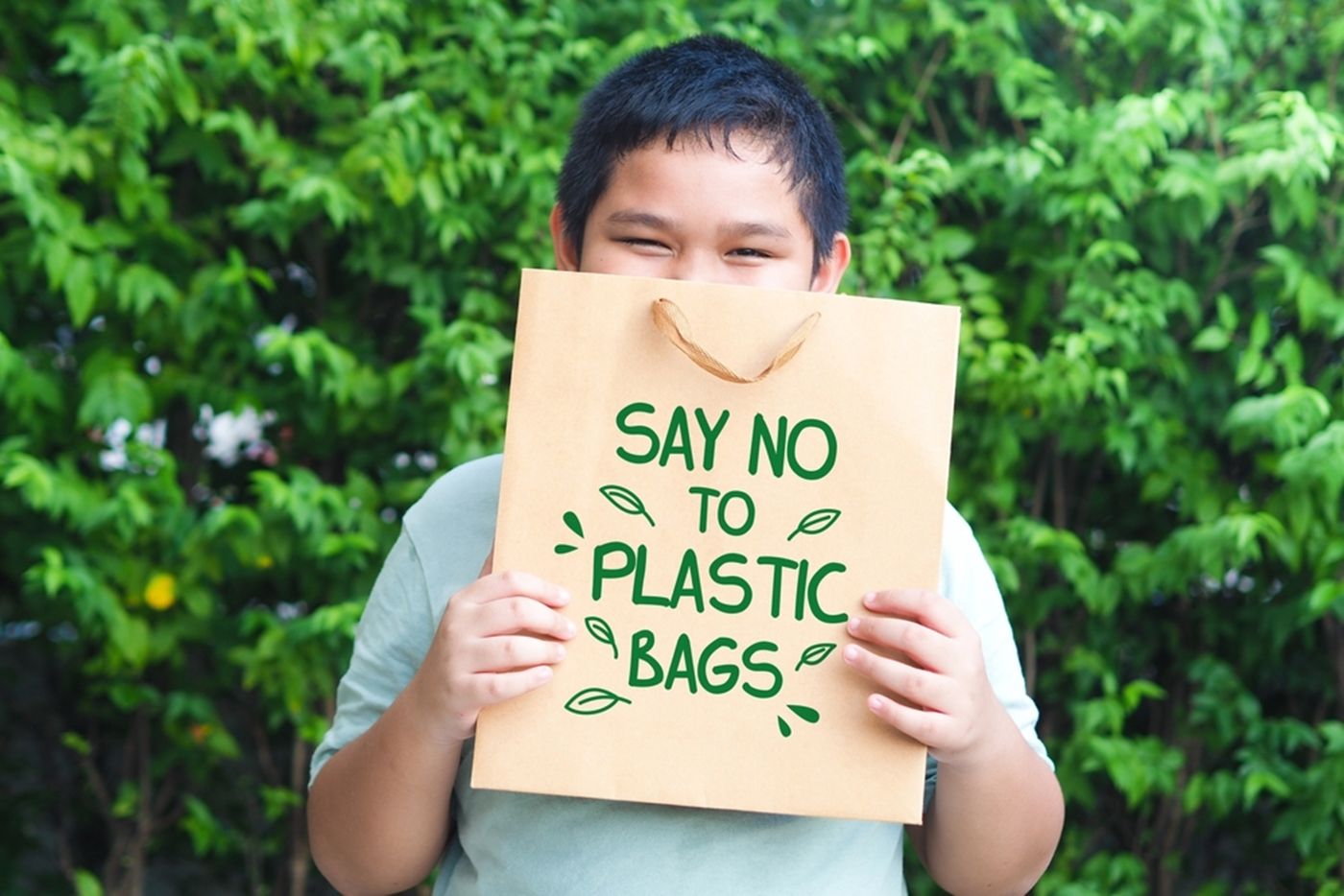 Cute,Asian,Boy,Holding,Brown,Paper,Bag,On,Green,Background.
