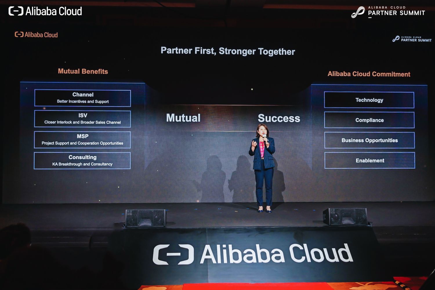 เซลินา หยวน ประธานด้านธุรกิจระหว่างประเทศของอาลีบาบา คลาวด์ อินเทลลิเจนซ์ กล่าวคำปราศรัย ในงาน Alibaba Cloud Partner Summit 2023